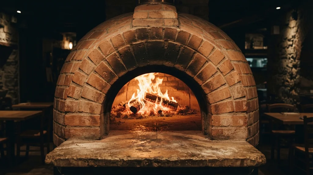 Oven kayu bakar Bara dengan api menyala di dalamnya