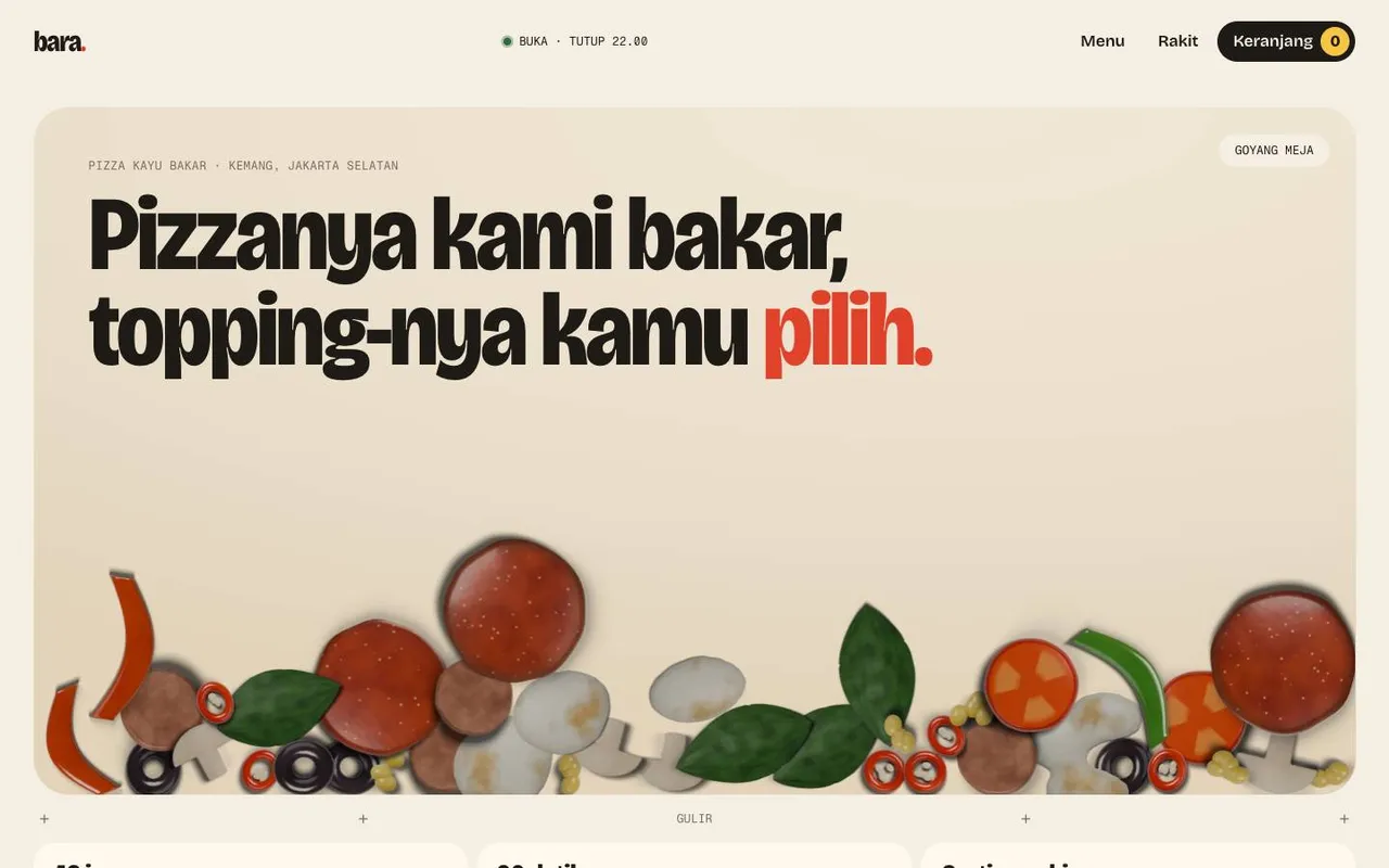 Tampilan website Bara — Pizza Kayu Bakar
