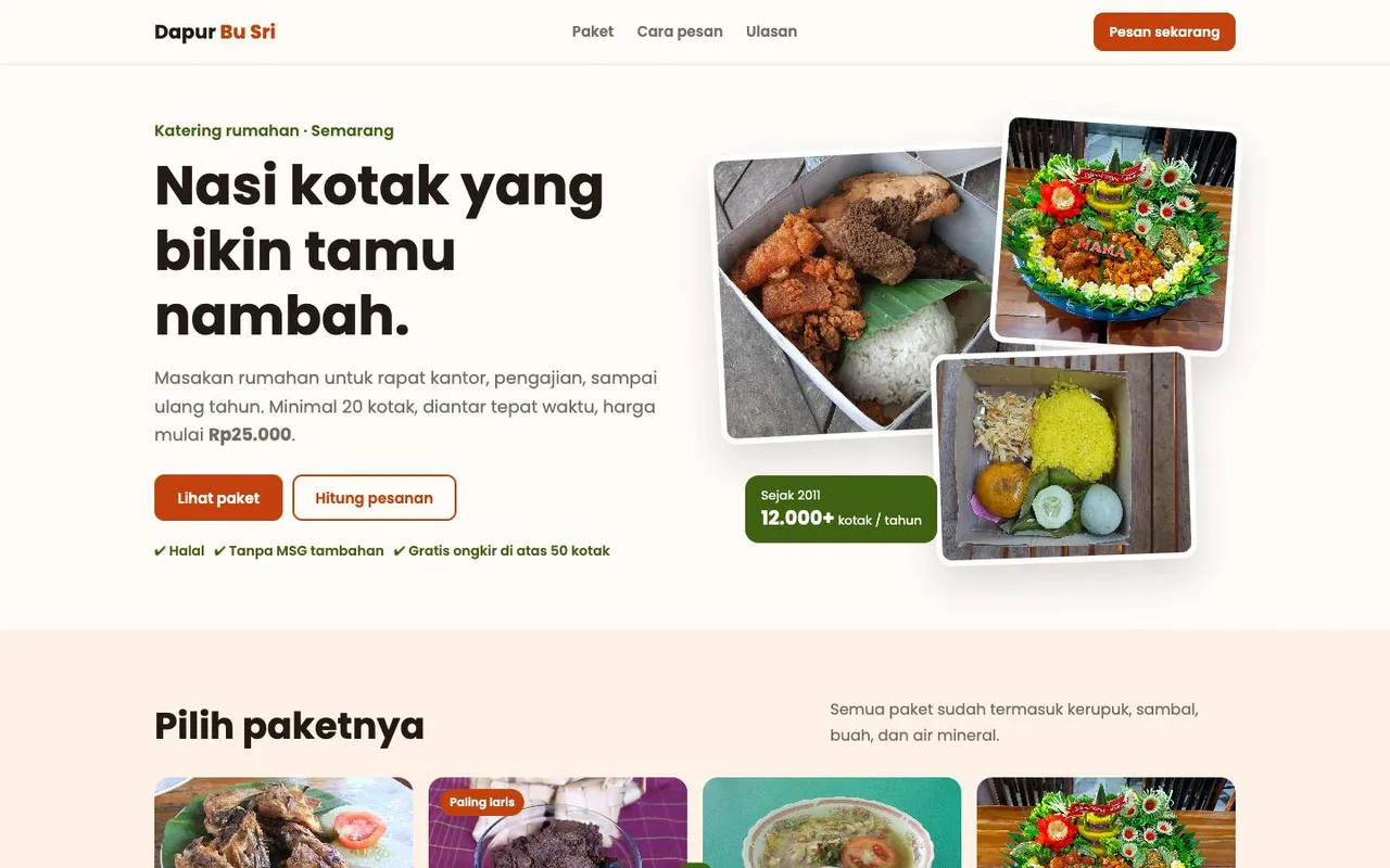 Tampilan website Dapur Bu Sri — Katering
